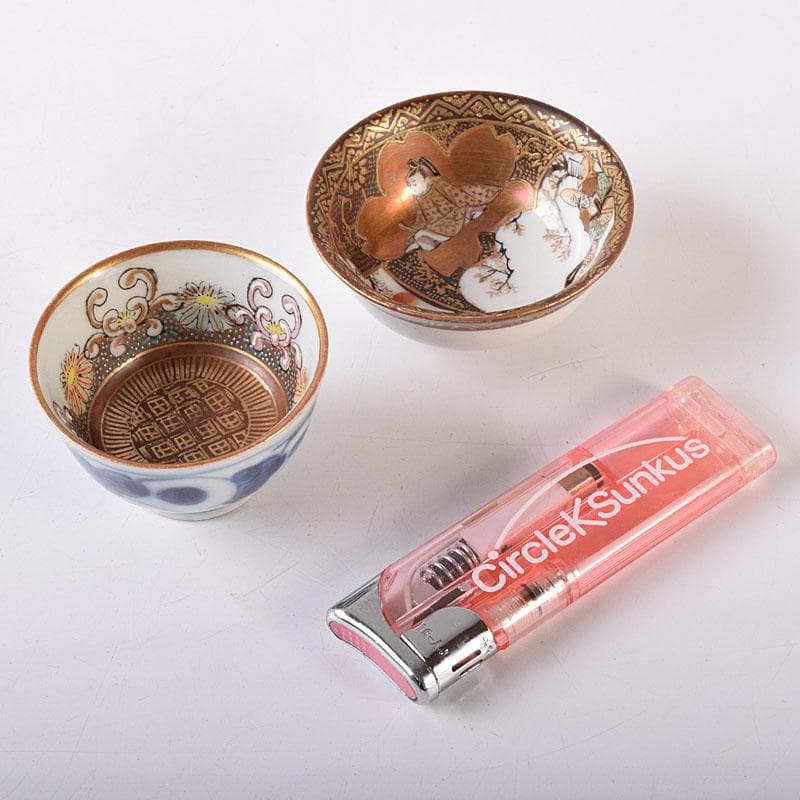 九谷焼　古九谷　色絵金彩　染付　漢詩文など　時代盃　五客　時代箱付　VR8125