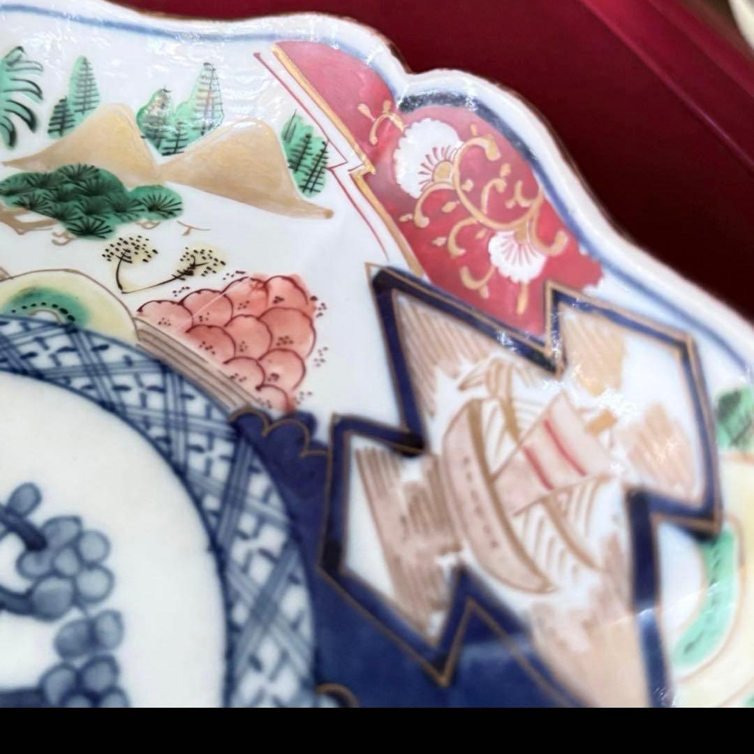 雪解特別価格‼️GOLD伊万里錦手　帆かけ舟❌山水❌米俵富貴長春八寸皿5客