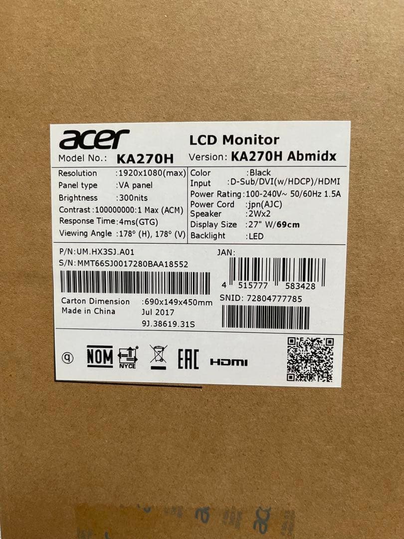 【美品】Acer 27インチ フルHD液晶モニター KA270H Abmidx