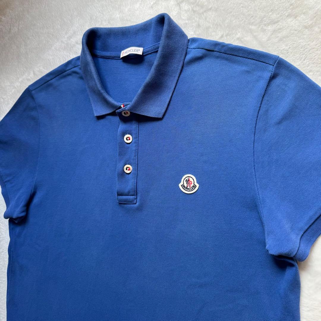 人気！モンクレール ポロシャツ メンズ M ブルー トリコロールライン ロゴ刺繍