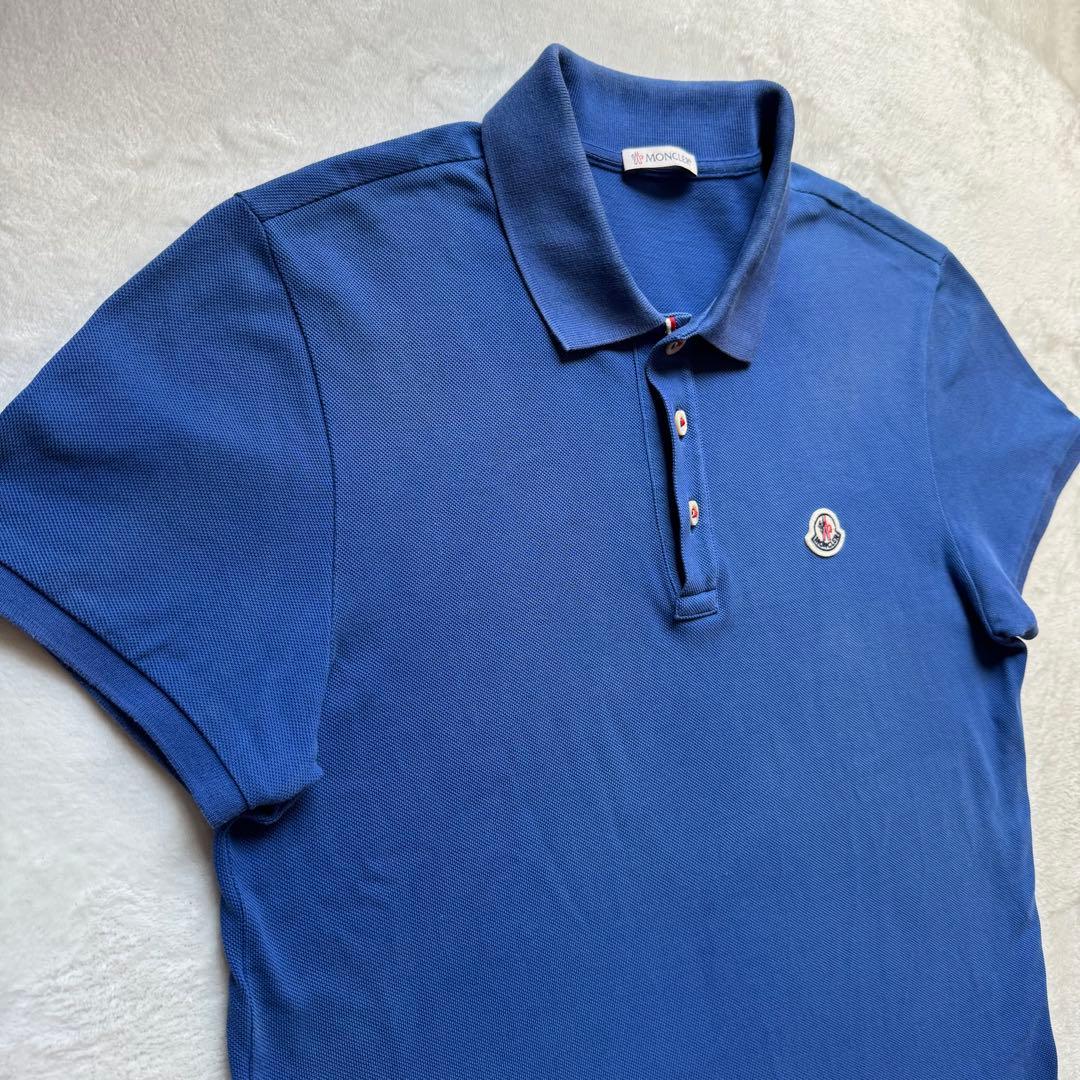 人気！モンクレール ポロシャツ メンズ M ブルー トリコロールライン ロゴ刺繍