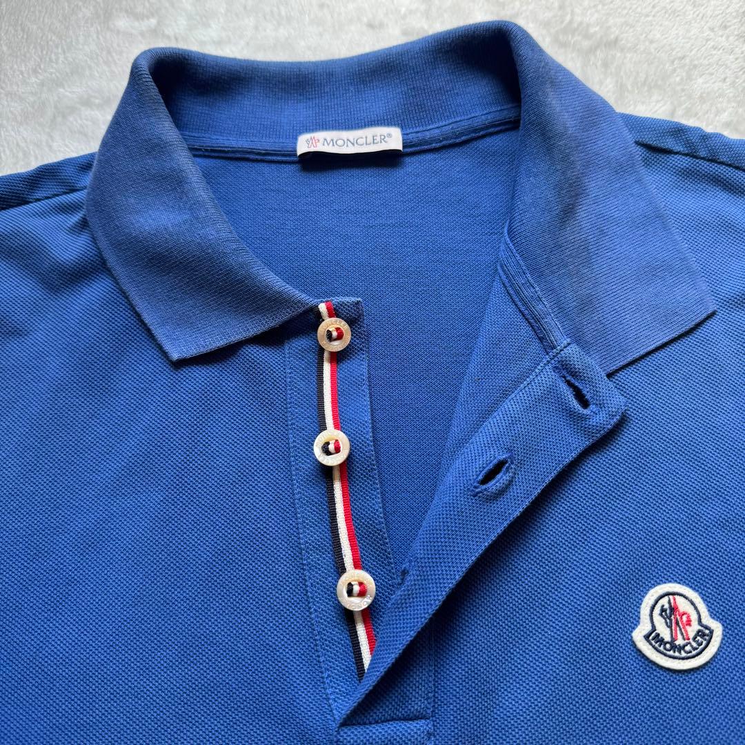 人気！モンクレール ポロシャツ メンズ M ブルー トリコロールライン ロゴ刺繍