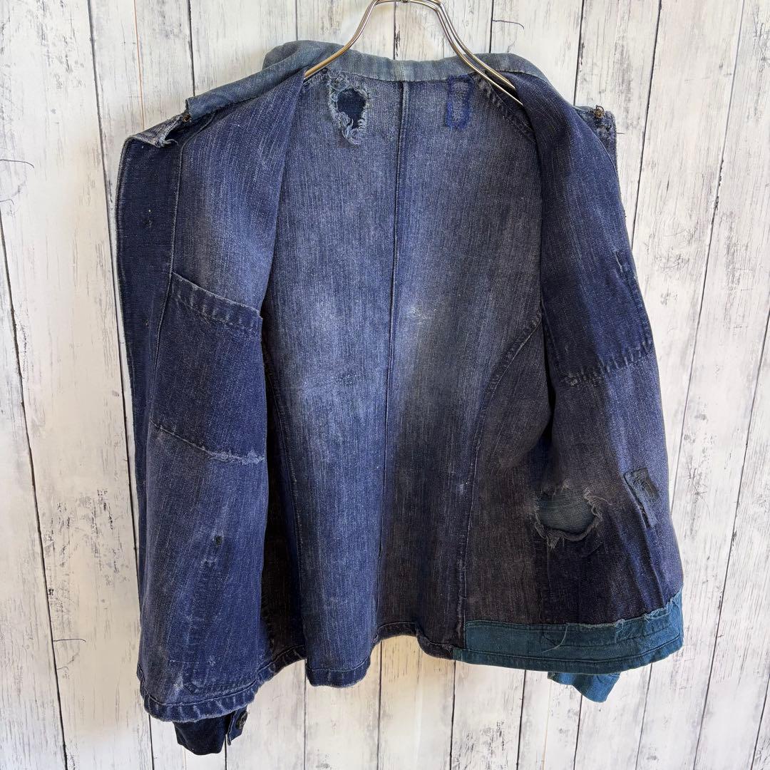 40s フレンチ インディゴリネン カバーオール ワークジャケット ユーロ 襤褸