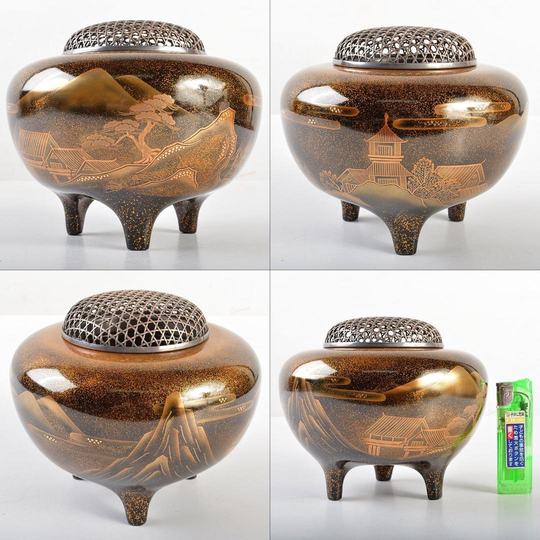 専用　輪島塗　山水蒔絵　三足香炉　純銀火屋　約61g　H　R5626