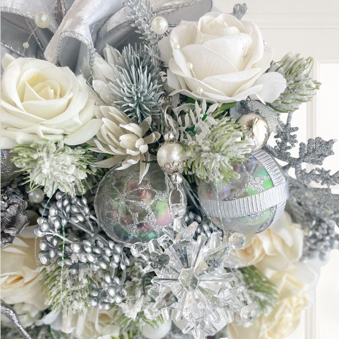 クリスマスリース シルバーとホワイトの輝き クリスマスギフト アートフラワー