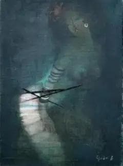 油絵 菅家令子 絵 絵画インテリア額付(青緑＋金色の枠) F4-152023女性