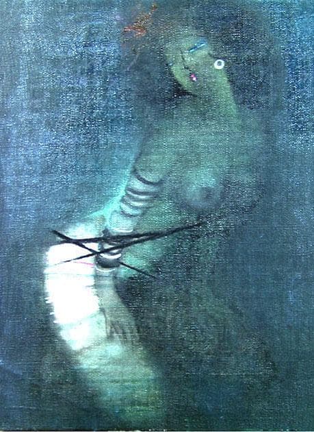 油絵 菅家令子 絵 絵画インテリア額付(青緑＋金色の枠) F4-152023女性