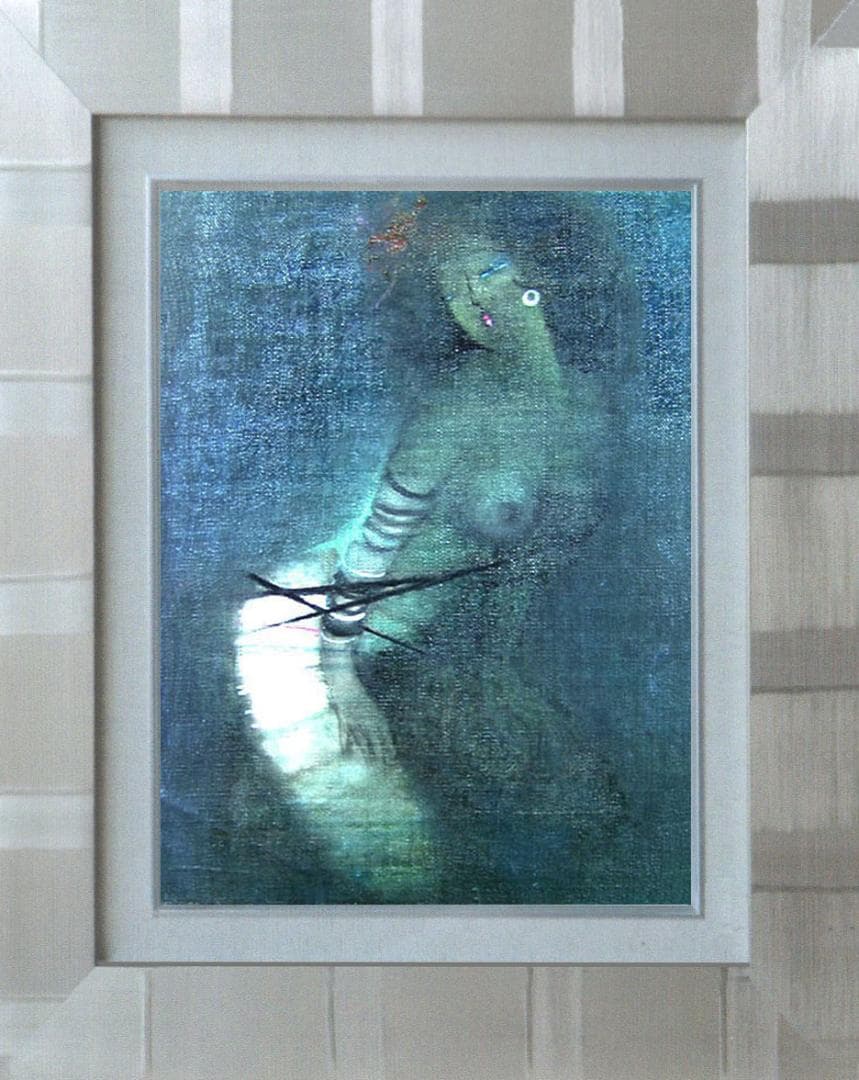 油絵 菅家令子 絵 絵画インテリア額付(青緑＋金色の枠) F4-152023女性