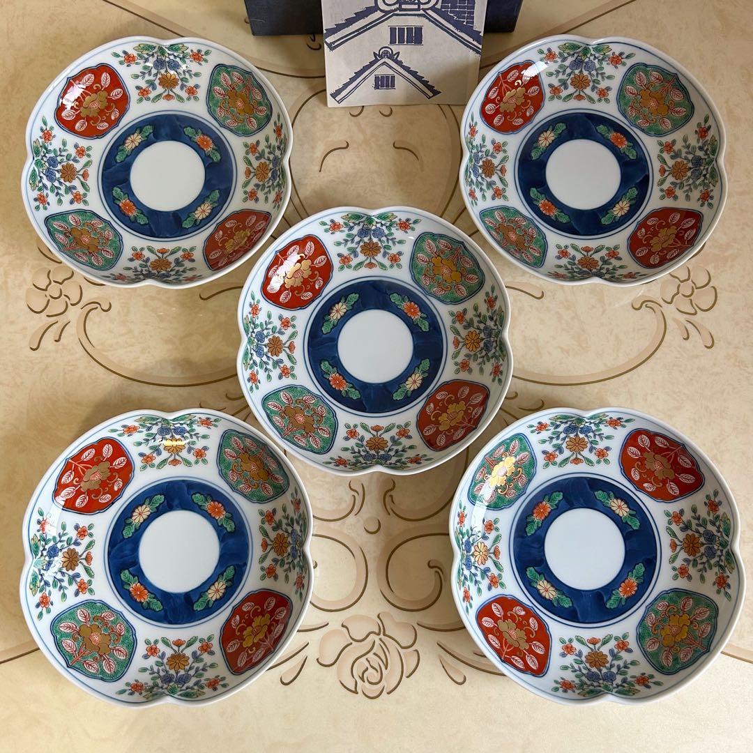 有田焼　賞美堂　其泉窯　染錦　中皿揃　5枚　銘々皿　輪花皿　色絵　金彩古伊万里