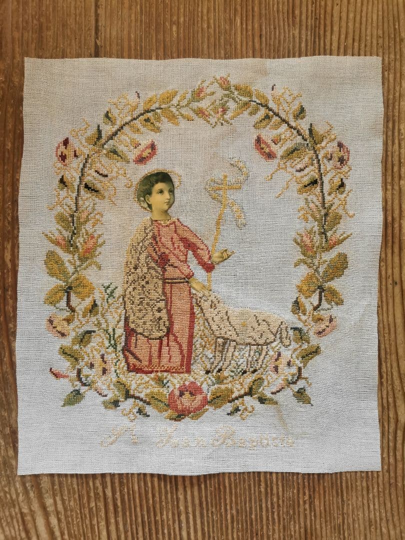 アンティーク 洗礼者聖ヨハネと羊プチポワン 薔薇朝顔菫ニードルポイント 麻布付