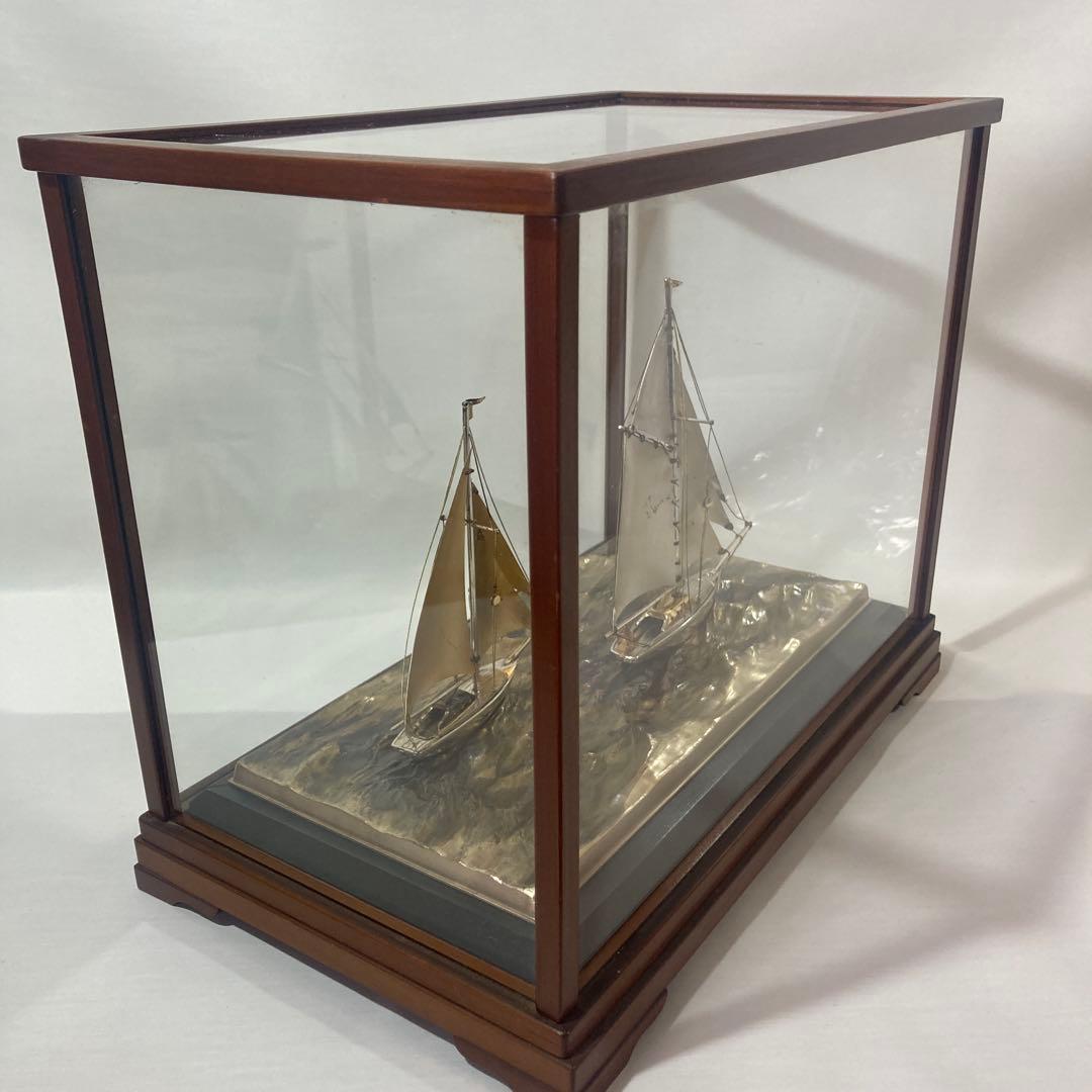 希少 2隻　シルバー製の帆船置物 ガラスケース付き　船　計124g 断捨離