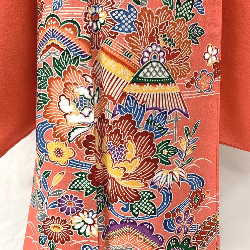 504ag65□七五三 七歳 女児 着物&袋帯 紅型風 型染 ピンク□美品