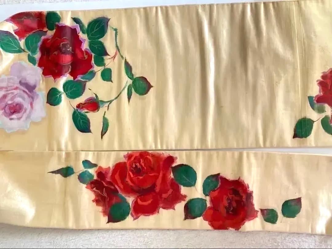 Antique Kimono 薔薇手描き 絵画的 圧倒的迫力 繻子正絹名古屋帯