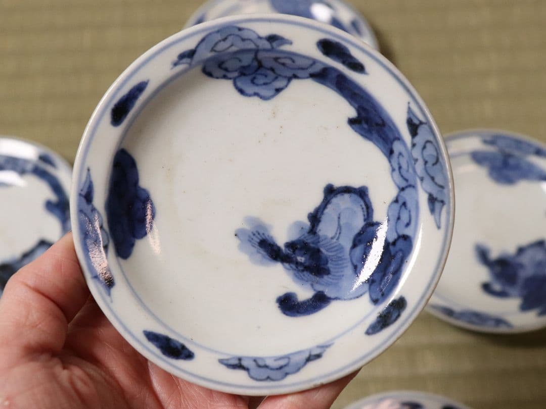 古伊万里 雲龍 染付 醤油皿 五客 約10cm 手塩 小皿 陶芸【MA476】