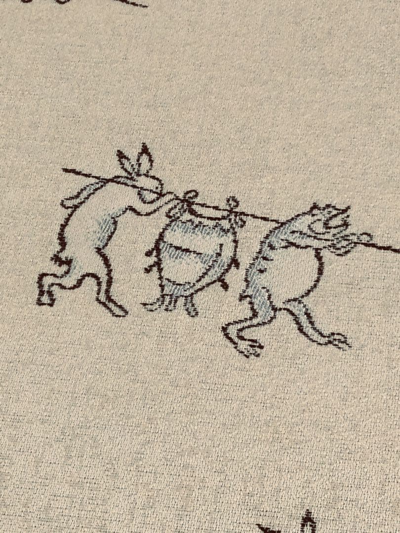 素敵な装い！西陣名古屋帯 綿芯手縫い仕立、ガード加工付 「鳥獣人物戯画」クリーム