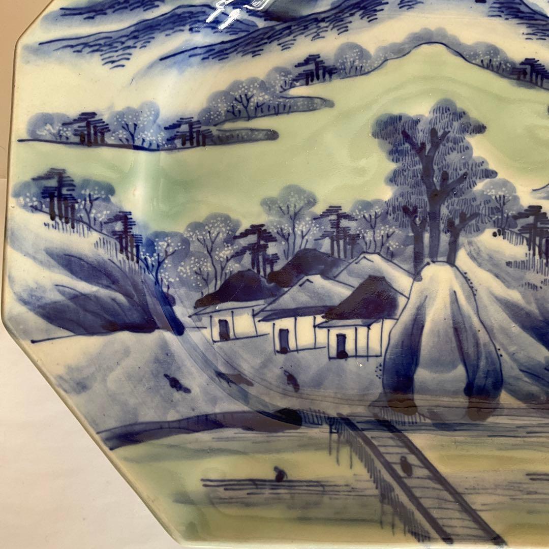 古伊万里　青磁染付山水文八角皿　江戸時代中期〜後期頃　名品
