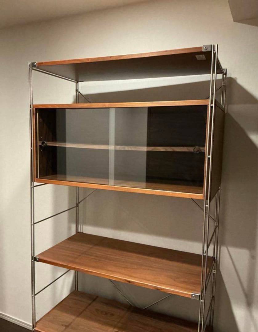 無印良品ステンレスユニットシェルフウォールナット材引き出し、ガラス戸付き