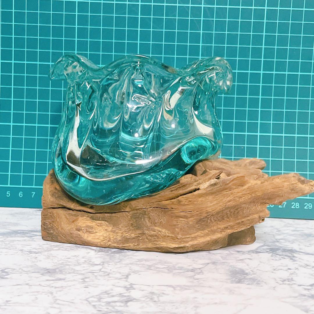 お花型 流木ガラス オブジェ 花瓶 Lサイズ ガラス細工 流木台座 置物