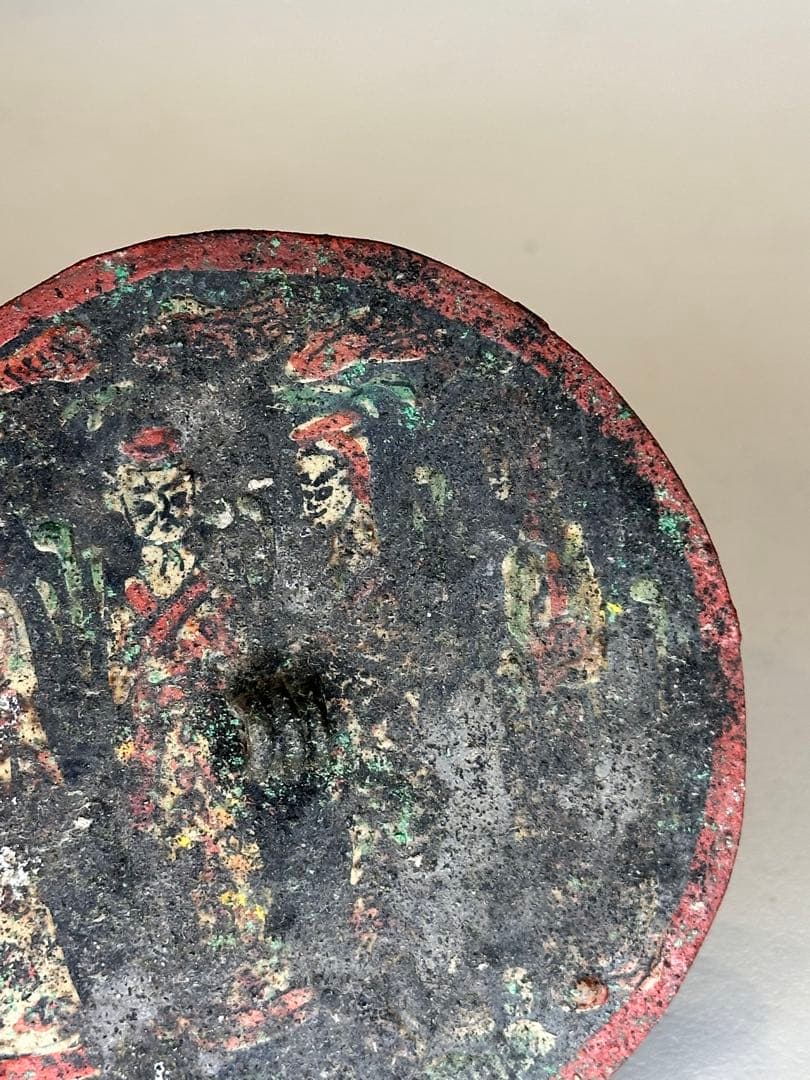 明時代　彩絵人物銅鏡 時代物 民俗装飾