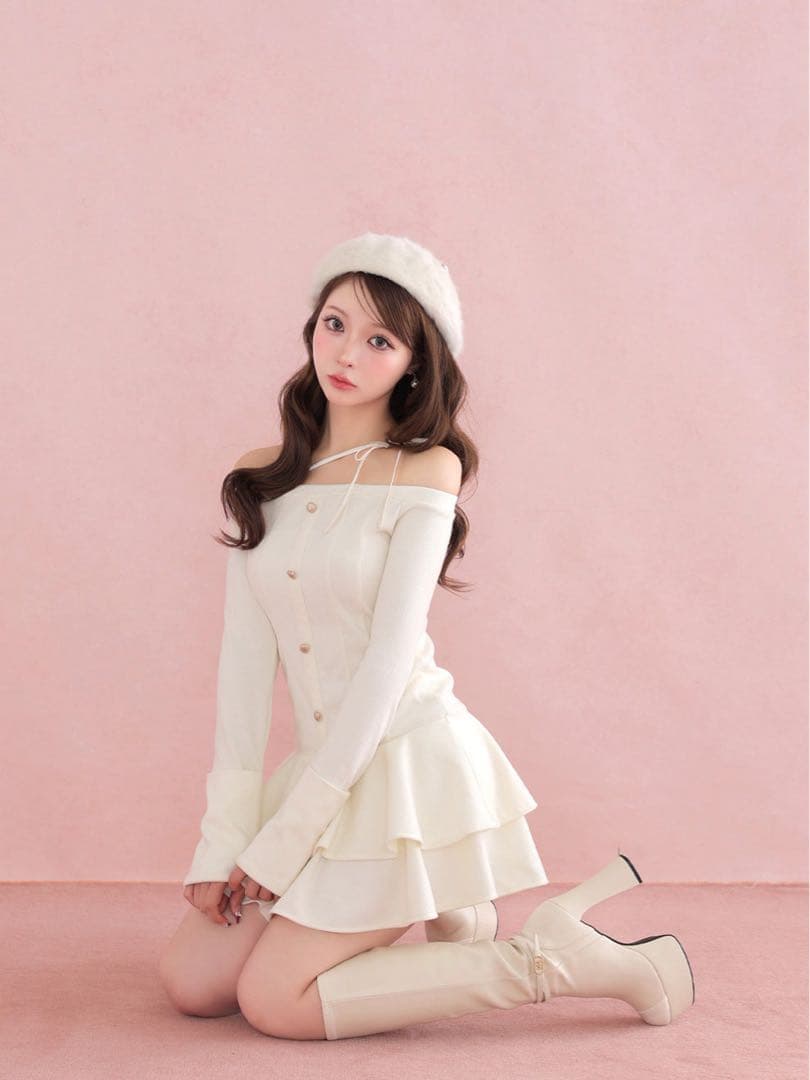 ワンピース Ribbon strap tiered frill mini onepiece