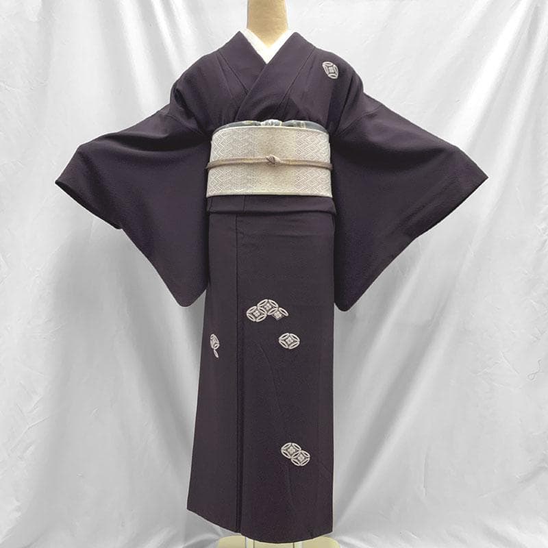 512mh52〇相良刺繍 付下げ やや身幅広め 七宝文 黒紫 シンプル〇美品