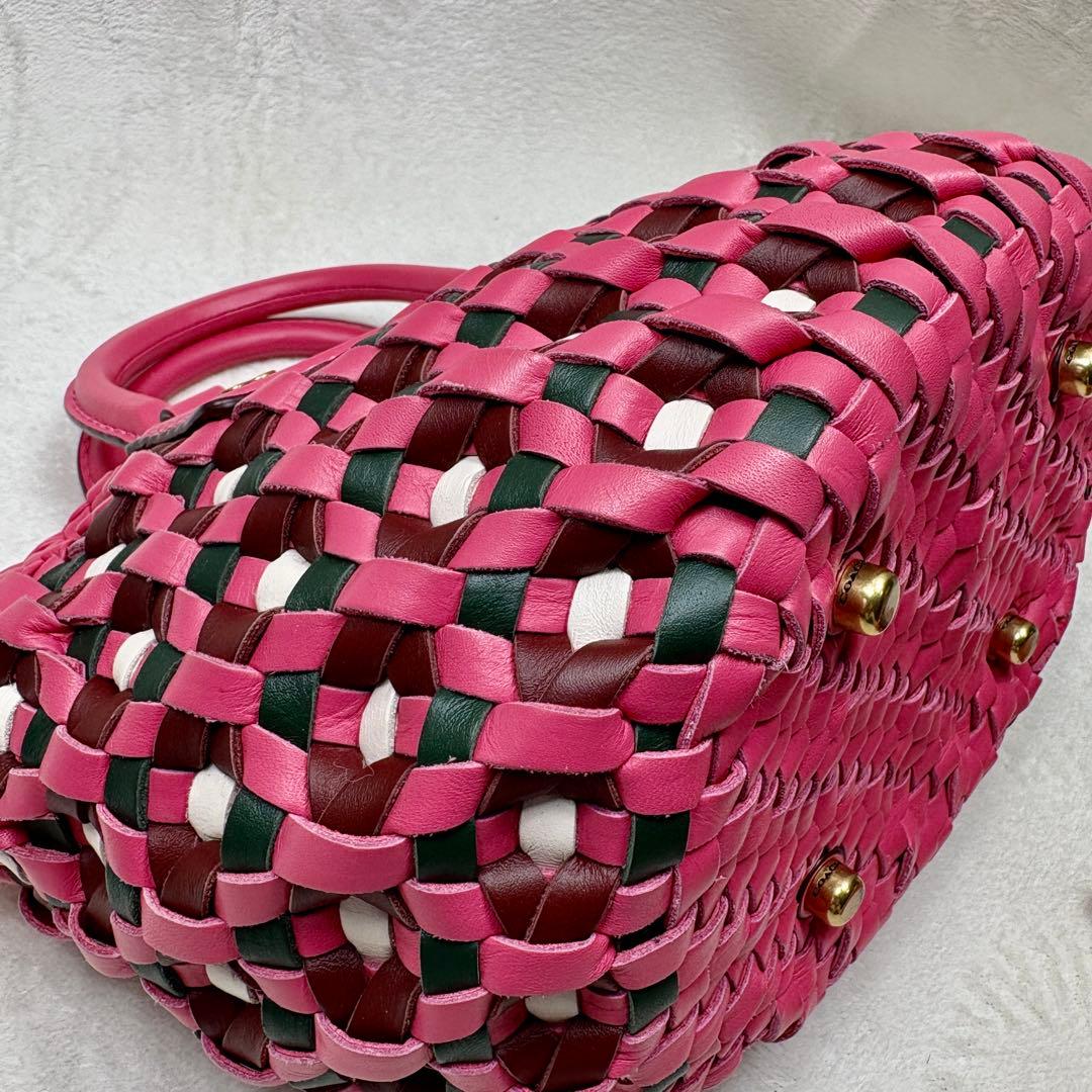 COACH コーチ ウーブントート ピンク 編み込みレザー かごバッグ
