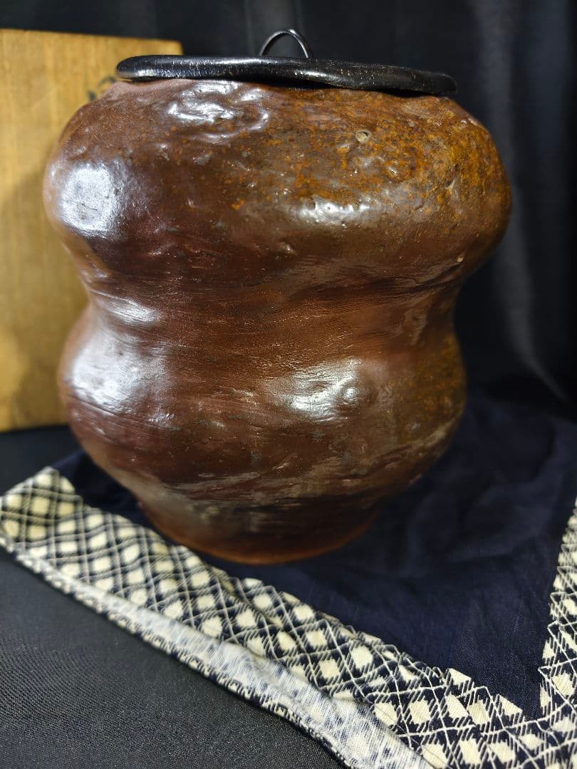 茶道具 丹波焼水差し 水指 特製漆器蓋 桐箱 時代物 骨董 旧家蔵出美品 古美術