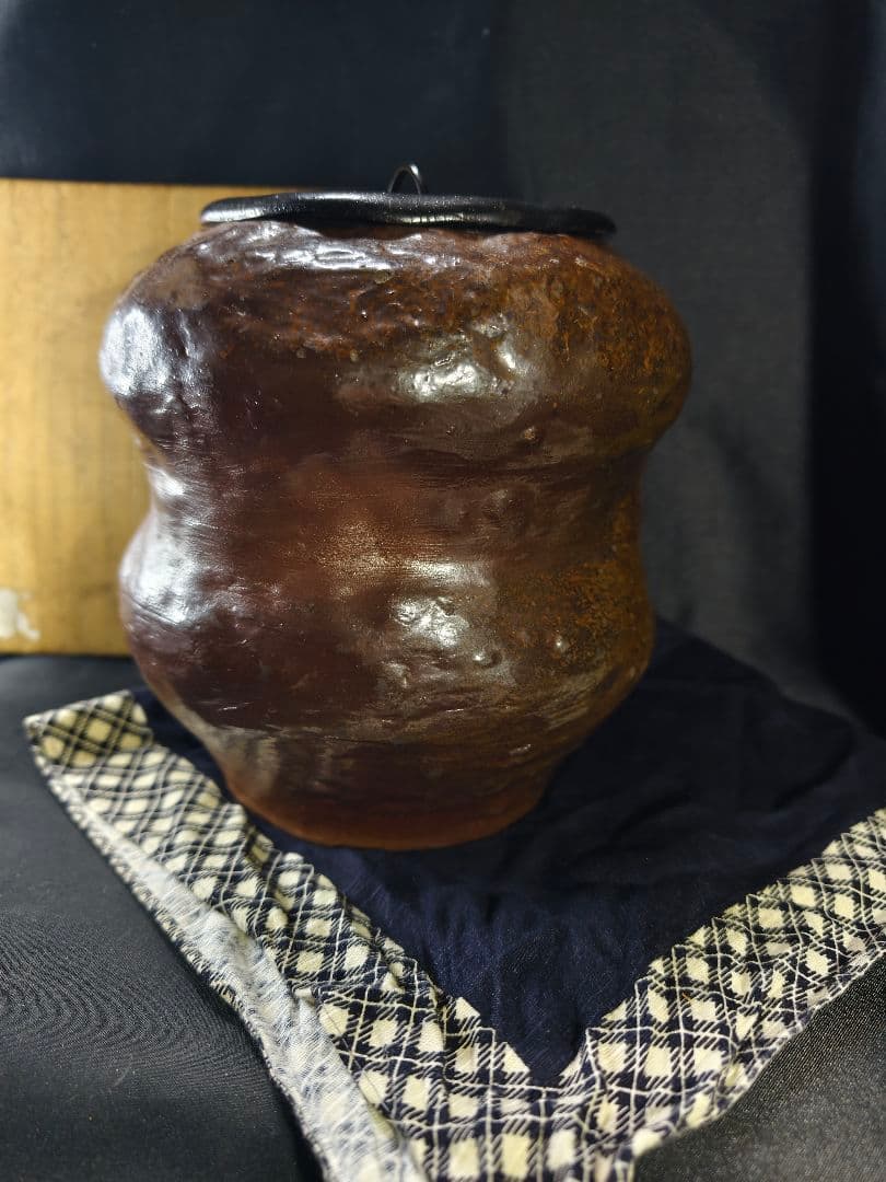 茶道具 丹波焼水差し 水指 特製漆器蓋 桐箱 時代物 骨董 旧家蔵出美品 古美術