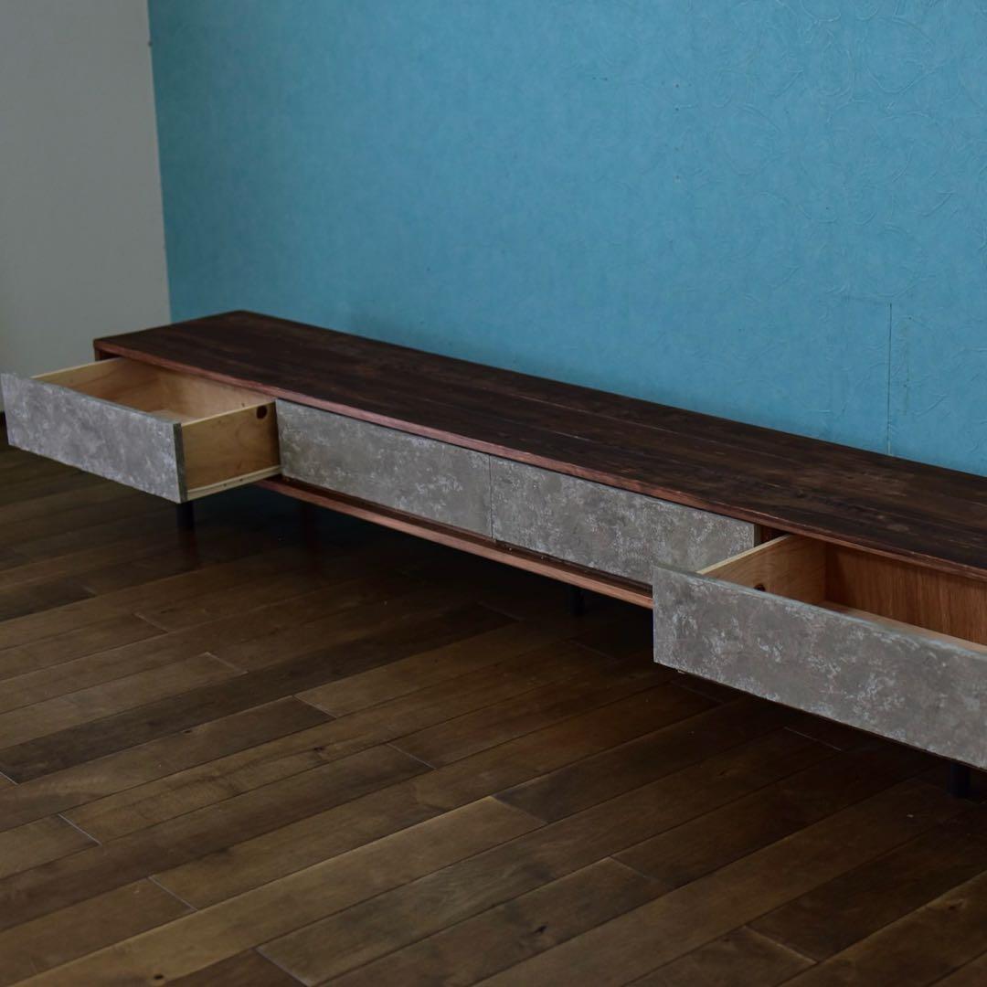 無垢材】テレビボード220㎝ダークブラウン色モルタル風　鉄脚