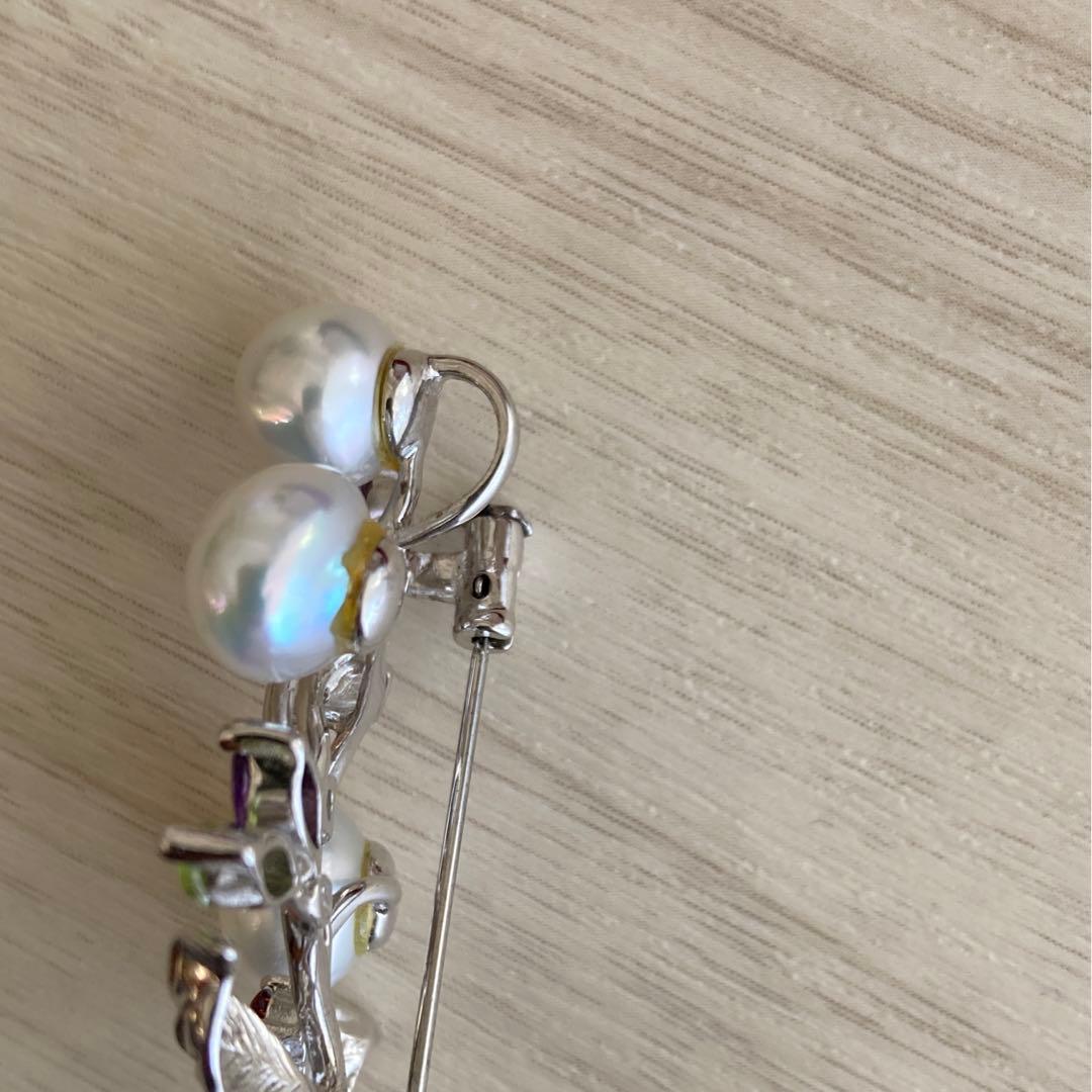 ブローチ パール　カラーストーン　シルバー925　南洋真珠　白真珠　ペンダント