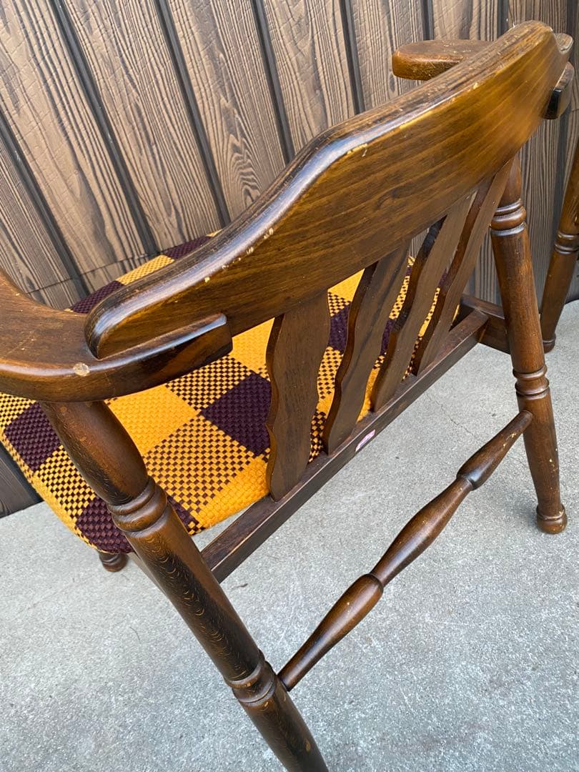 専用です　チェック柄ダイニングチェア　2脚ヒダカグ　レトロ　飛騨家具　木製イス