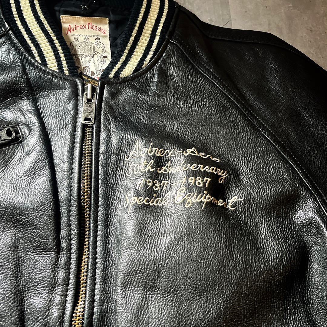 AVIREX 50周年記念モデル 刺繍　本革 レザー スタジャン アーチロゴ