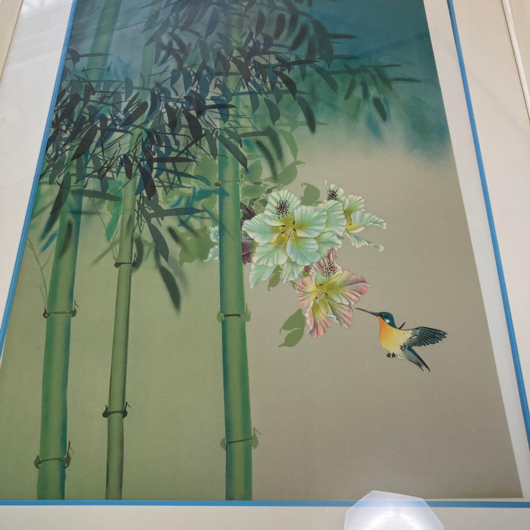 竹と花の版画 大きめのアート作品 デビット　リー　楽園