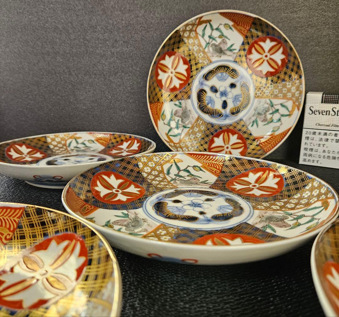 江戸末期～明治初期　古伊万里　錦手　見込みに松竹梅　粟に鶉の図　花意匠丸紋皿5客