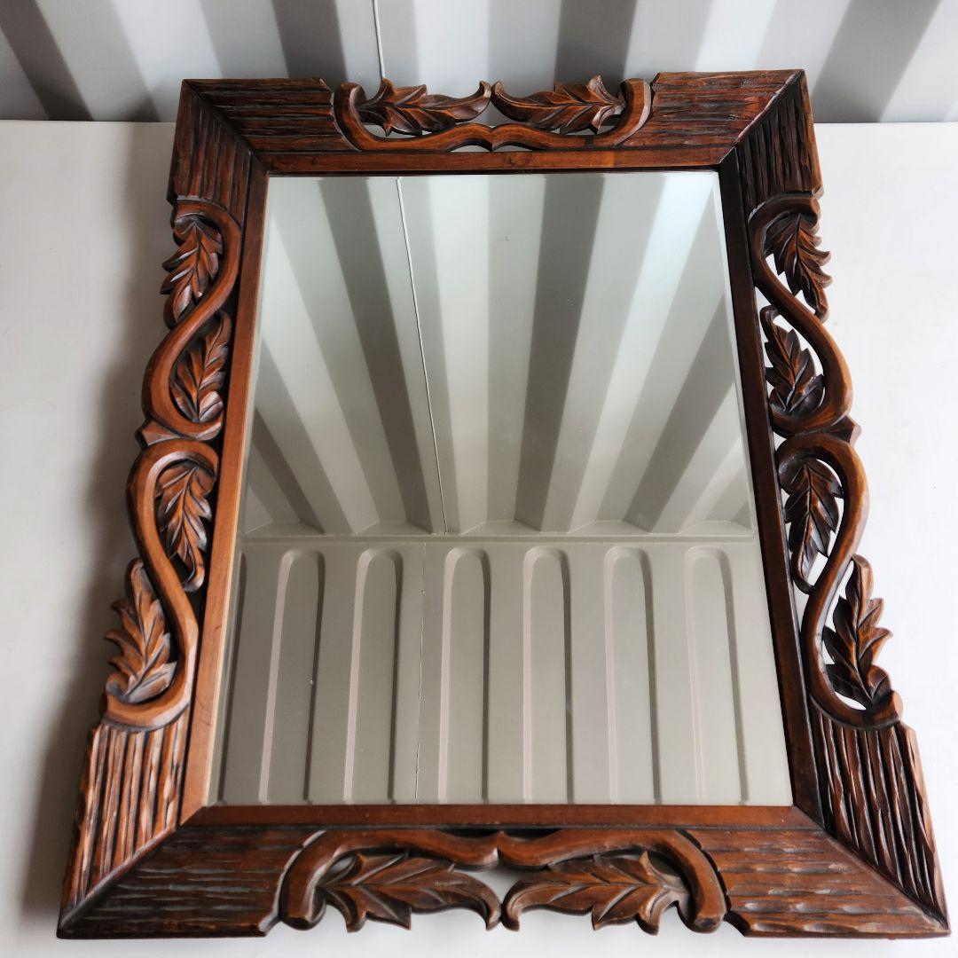 アンティーク　木彫り　ウォールミラー　天然木　壁鏡　彫刻　木枠　ヴィンテージ