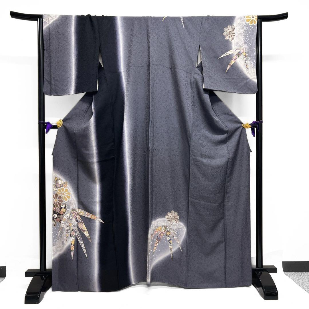 訪問着　雪輪紋　竹　菊花　ぼかし染め　金彩　鹿の子　紋無し　着物　093a d