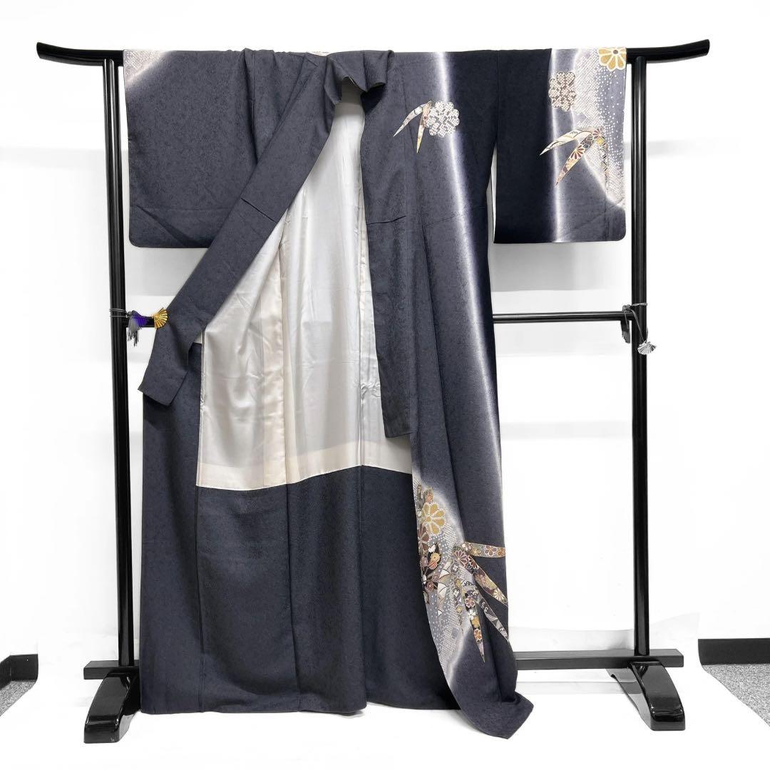 訪問着　雪輪紋　竹　菊花　ぼかし染め　金彩　鹿の子　紋無し　着物　093a d