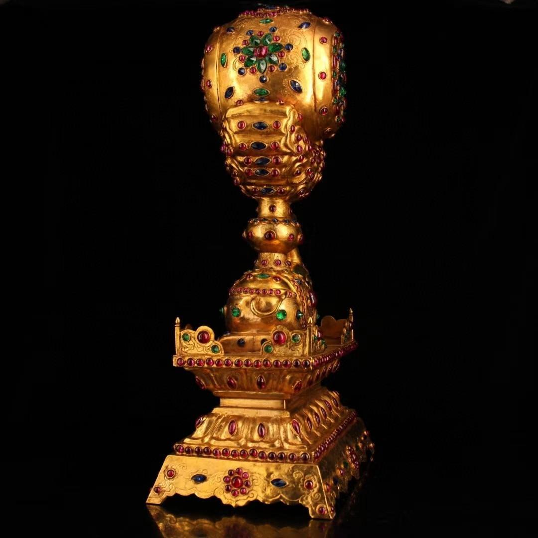 中国古美術・珍品旧蔵・宝石嵌入鎏金象鼓置物・鏨刻鎏金・純銅製・高浮彫・文房置物