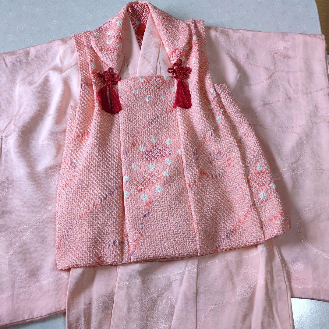 七五三３歳着物と正絹総絞りの被布(袖無し肌襦袢付き）パステルカラー