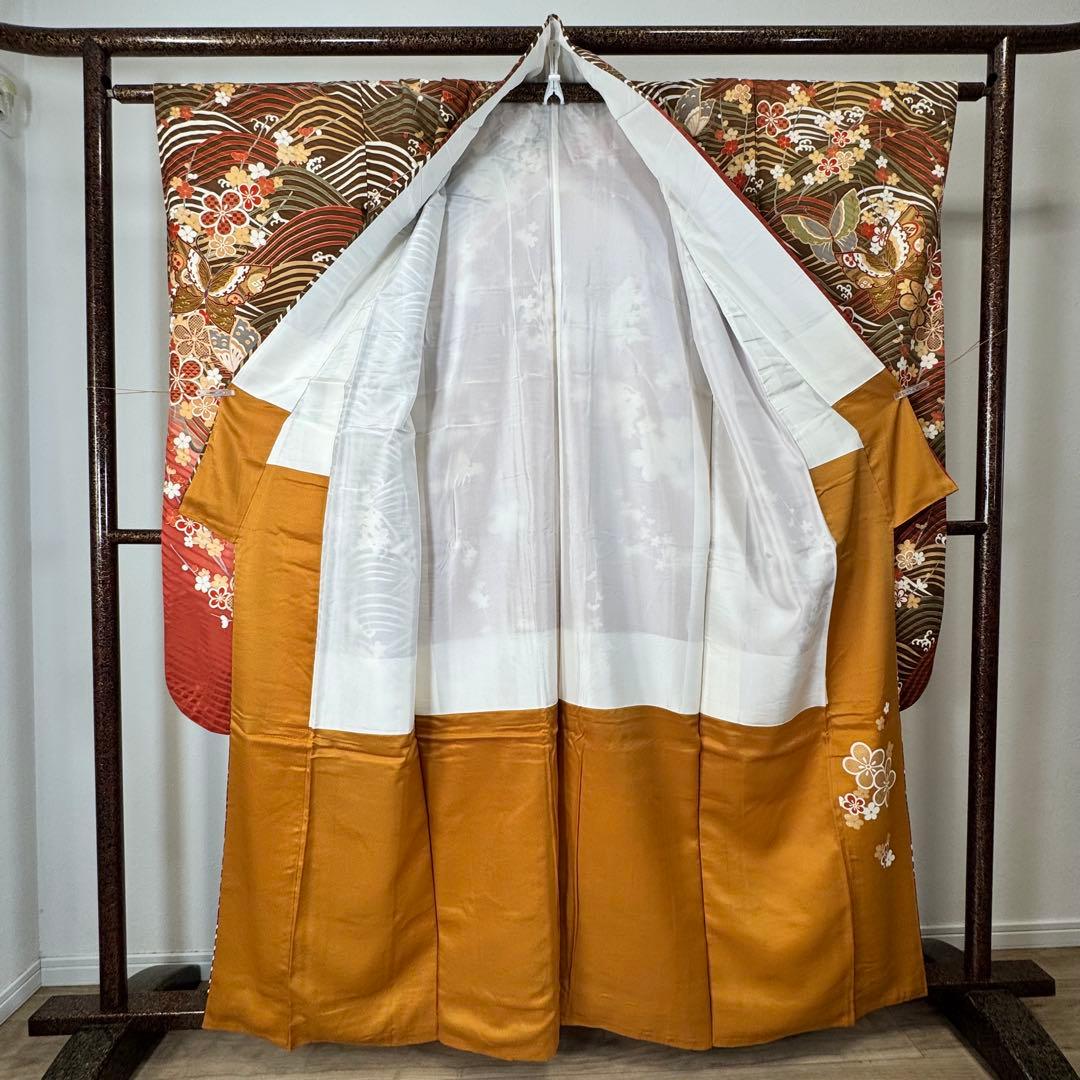 超美品　振袖　現代　振袖　成人式　着物　164裄66.5 茶色　ピンク　蝶々　梅