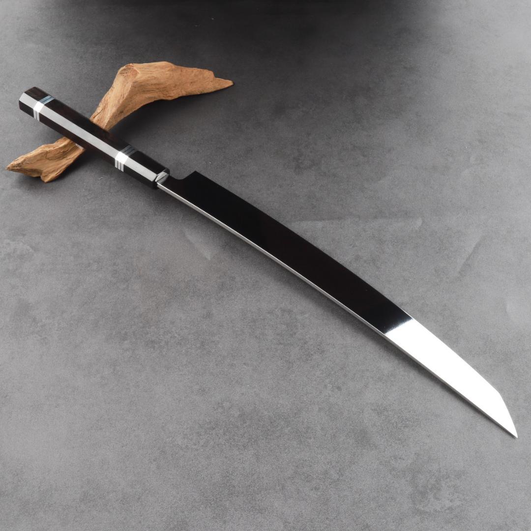 11168鬼反り先丸包丁尺二鏡面仕上げ刺身包丁刃は究極の切れ味黒檀五本銀巻八角柄