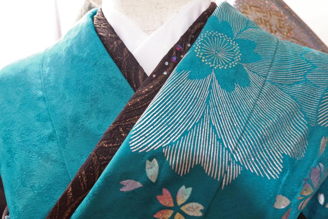 振袖フルセット ターコイズブルー×黒 粋 モダン 大輪花 成人式